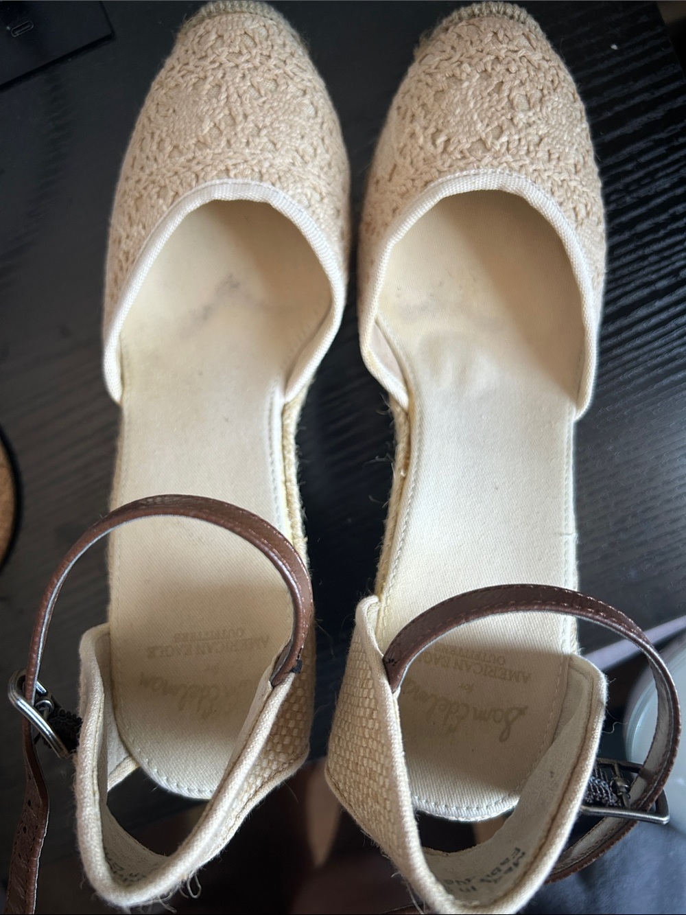 Sam Edelman Cream Crochet Espadrille Flats with Brown Ankle Strap